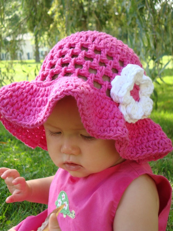 Adorable crocheted brimmed hot pink hat with white by knits4cuties