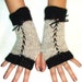 Luxury Fingerless Mohair Wool Gloves in Light Grey and Black with Suede Ribbons Victorian Style