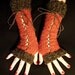 Long Fingerless Gloves in Burnt Spice with Brown Suede Ribbons and Dark Brown Boucle Edges Victorian Style