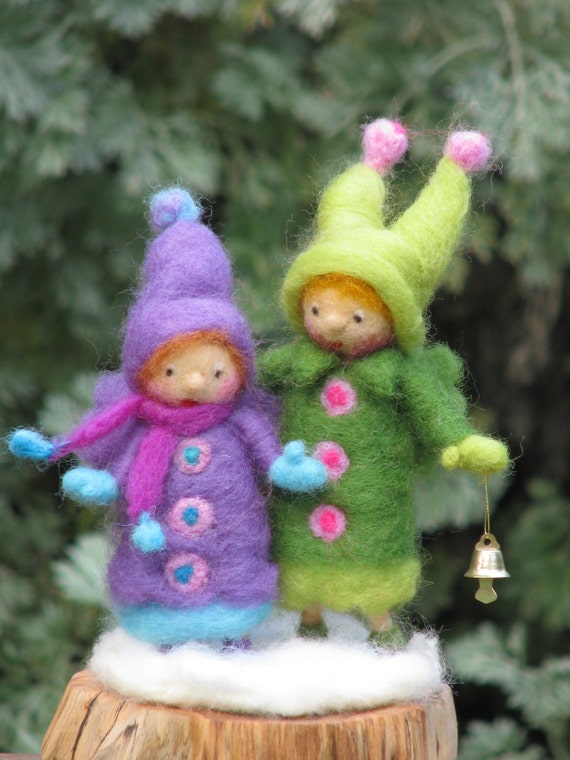 Two Christmas elves needle felted home decor
