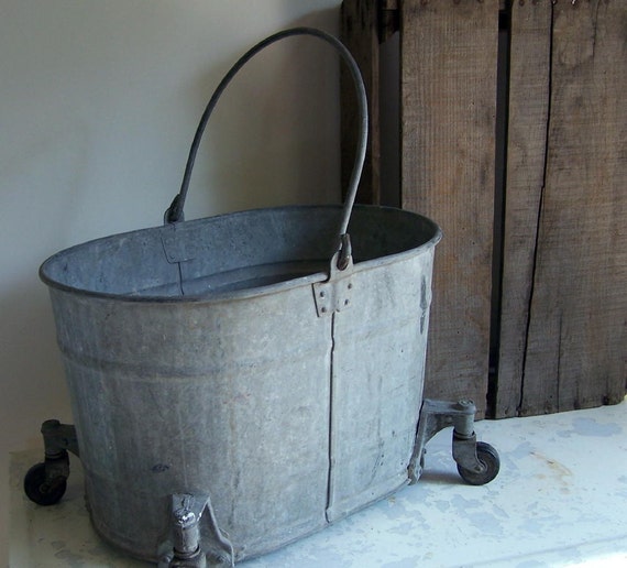 Vintage Galvanized Mop Bucket on Wheels by OldTimePickers on Etsy