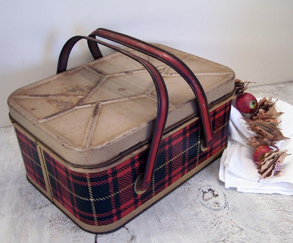 Vintage Metal Picnic Basket in Red Plaid