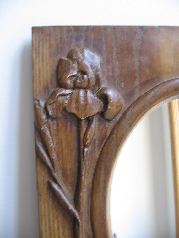 Vintage Mirror Wood Carved Iris Flowers Butterflies Rustic