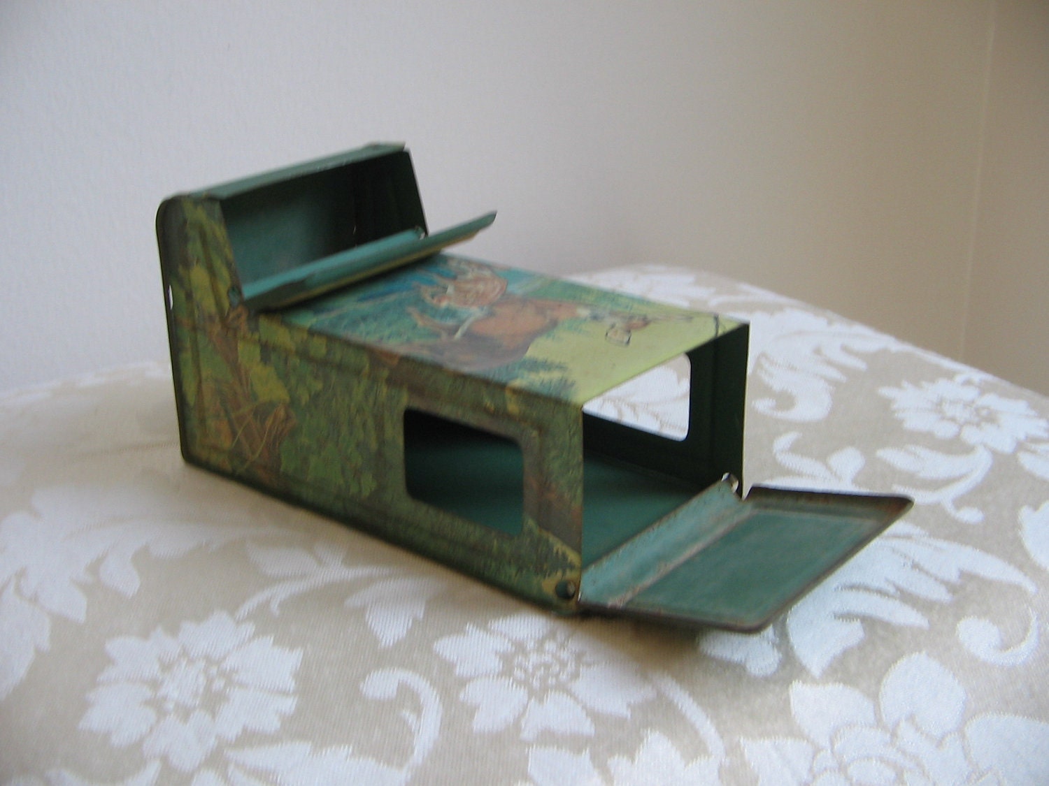 Vintage Match Holder Match Safe by Jasco Green Metal Tin Deer