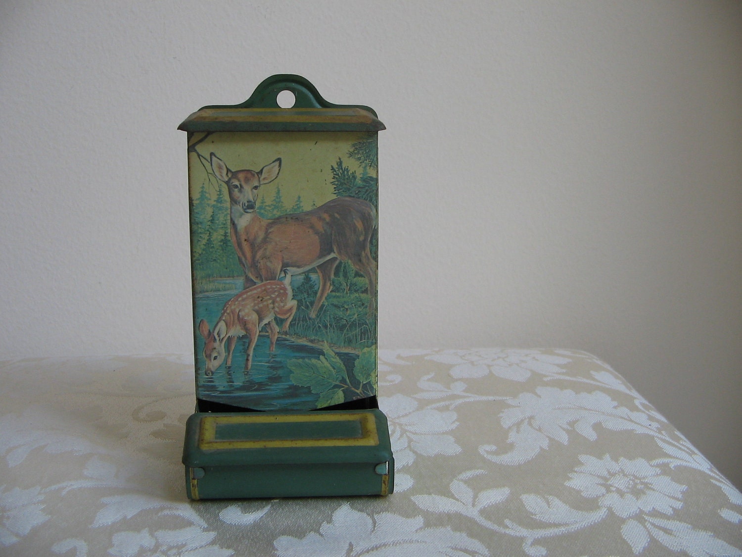Vintage Match Holder Match Safe by Jasco Green Metal Tin Deer