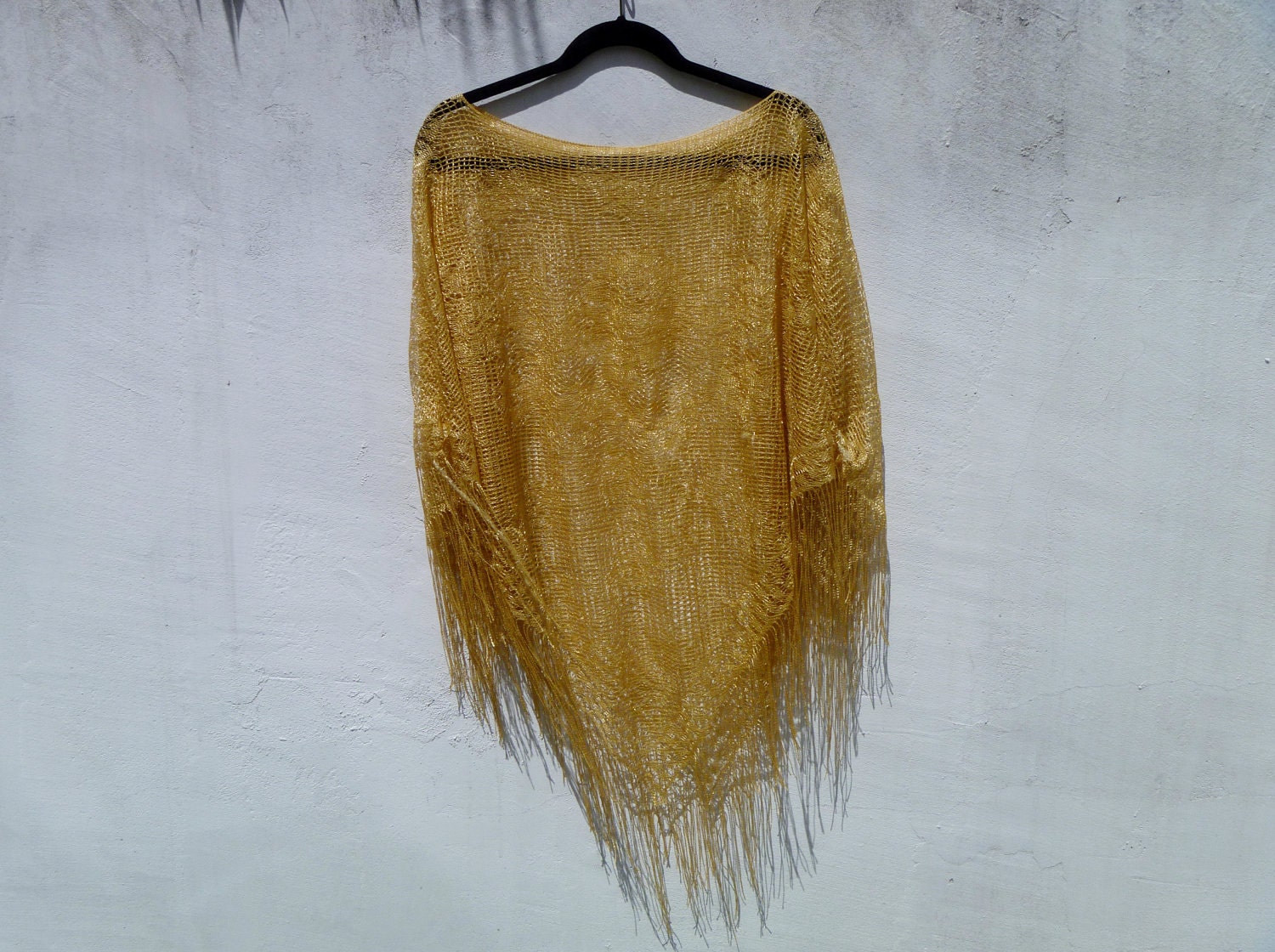 Vintage Gold Lace Shawl with Fringe Trim One Size Fits All