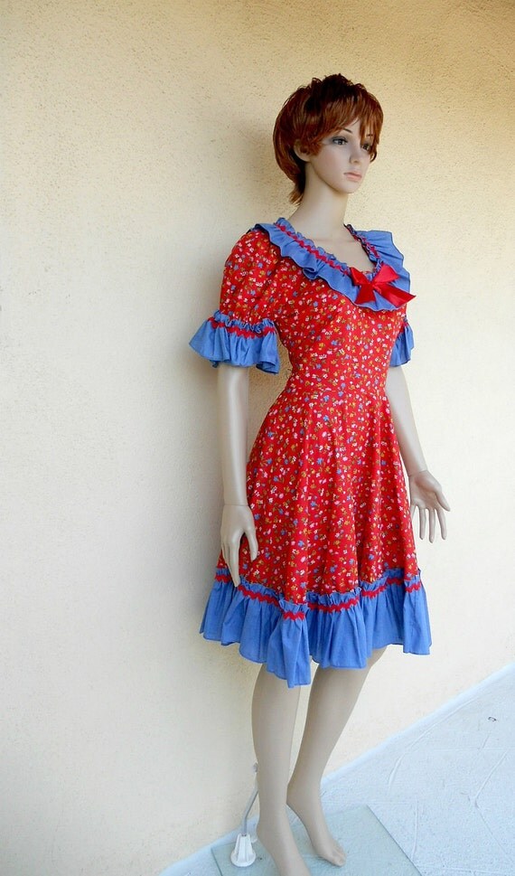 Country Girl Square Dance Dress Red and Blue Western Dress