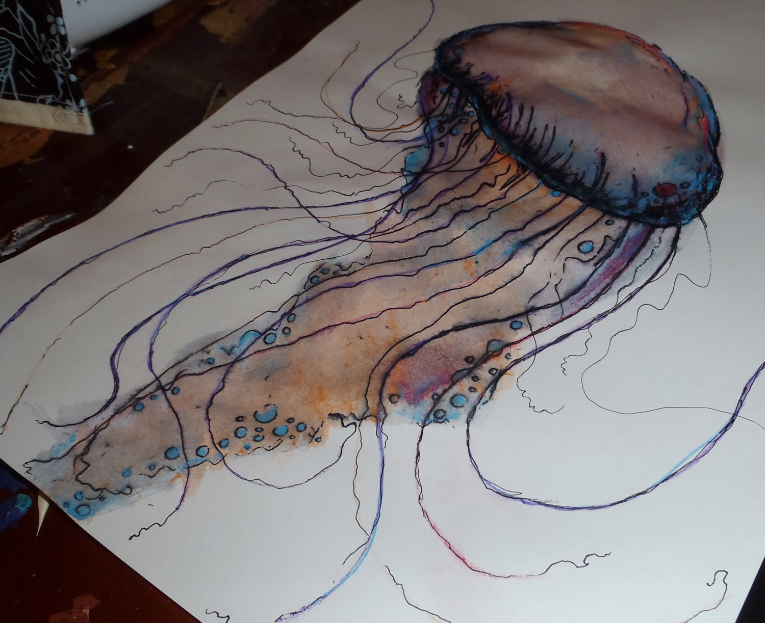 Original Colorful Jellyfish Watercolor Painting 11x14 on paper