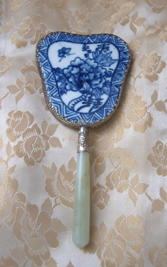 Vintage Chinese Hand Mirror with Jade Handle