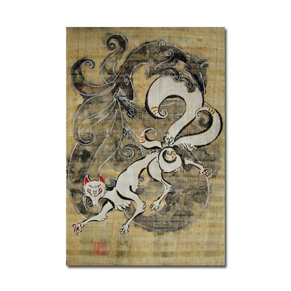 two japanese kitsune original painting on handmade natural two japanese kitsune original painting on handmade natural