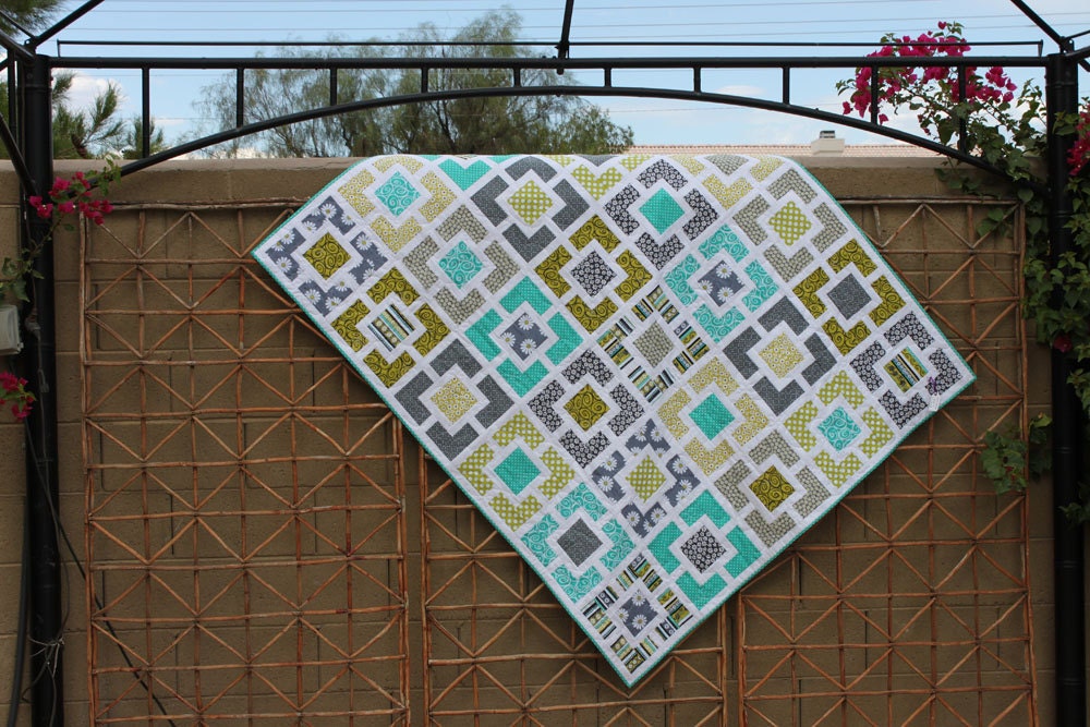 Garden Fence Quilt Lime Teal and Charcoal Gray Lap Couch