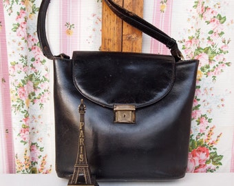 Joanie, French Vintage Antique 1950s Satchel Black Leather Messenger Envelope Handbag from Paris
