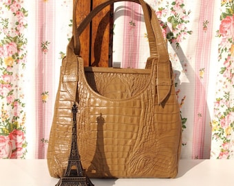 Joanie, French Vintage, 1960s Taupe Mock Crocodile Leather Mad Men Style Handbag with Ornate Clasp, from Paris