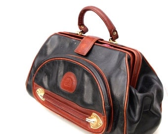 Katherina, Vintage, Dark Amber Tan and Black Leather Merkur Doctor's Handbag