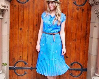 Daisy Dreams, French Vintage, Floral Polka Dot Cobalt Blue Midi Pleat Dress, from Paris