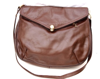 Claudine, Vintage, Chocolate Brown Leather Slouch Satchel Handbag from Paris