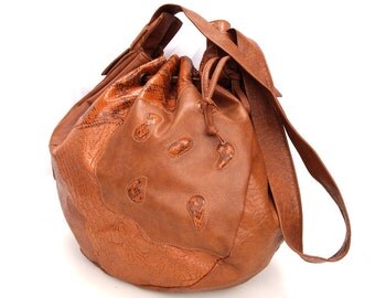 Daphne, French Vintage, 1970s Tan Satchel, Snakeskin Drawstring Bag, Handbag from Paris