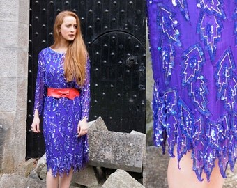 Empress, Stunning French Vintage, Royal Purple Sequin Encrusted Long Sleeved Evening Scalloped Dress, from Paris