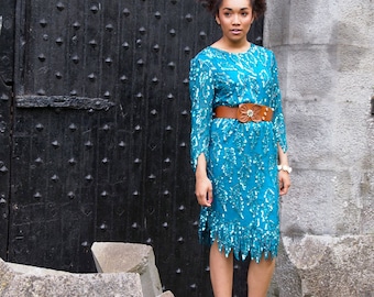 Tattie, Stunning French Vintage, Teal Green Sequin Encrusted Long Sleeved Evening Scalloped Dress, from Paris