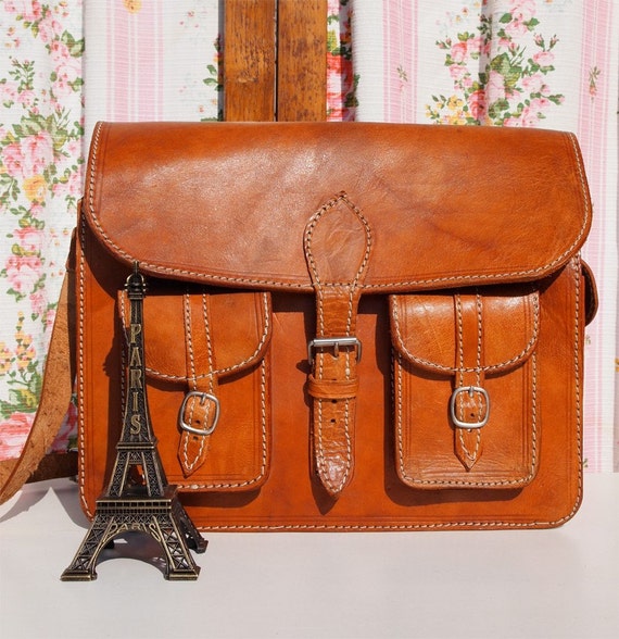 Laralou French Vintage Tan Leather Satchel Messenger