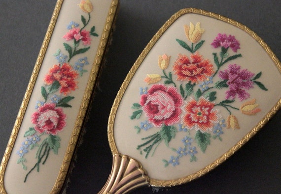 Vintage Hair Brush And Clothes Brush Set With Embroidered