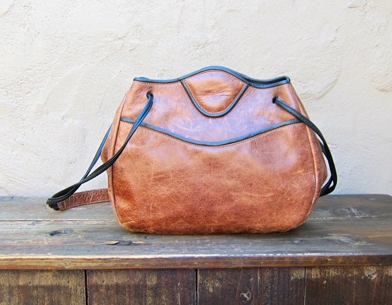 Vintage Distressed Brown Leather Medium Shoulder Tote Bag