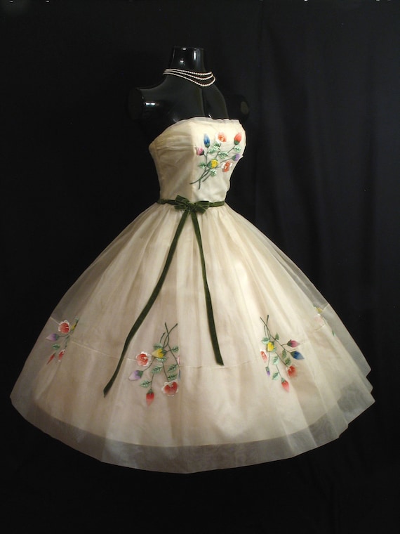 Vintage 1950's 50s Strapless Ivory Silk Embroidered Floral