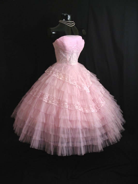 Vintage 50s 50s Strapless Orchid Pink Layered Tulle Lace