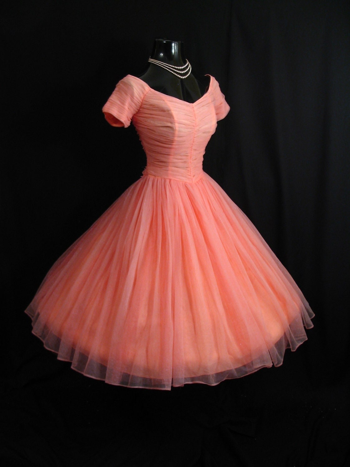 Vintage 1950's 50s Bombshell Coral PINK Salmon Ruched