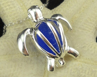 Sea Glass Sea Turtle Necklace Rare Cobalt Blue Beach Glass Jewelry