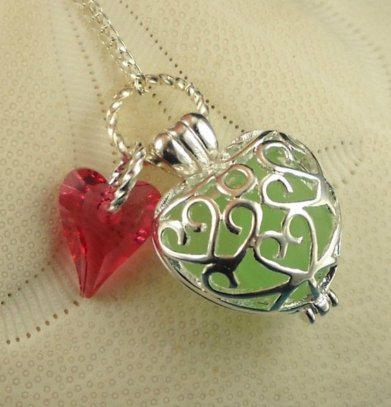 Genuine Sea Glass Necklace Heart Locket Sea Foam