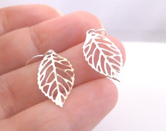 Silver leaf earrings - Simple Delicate Autumn - small minimalist modern outline filigree leaves with tiny silver plated ear hooks