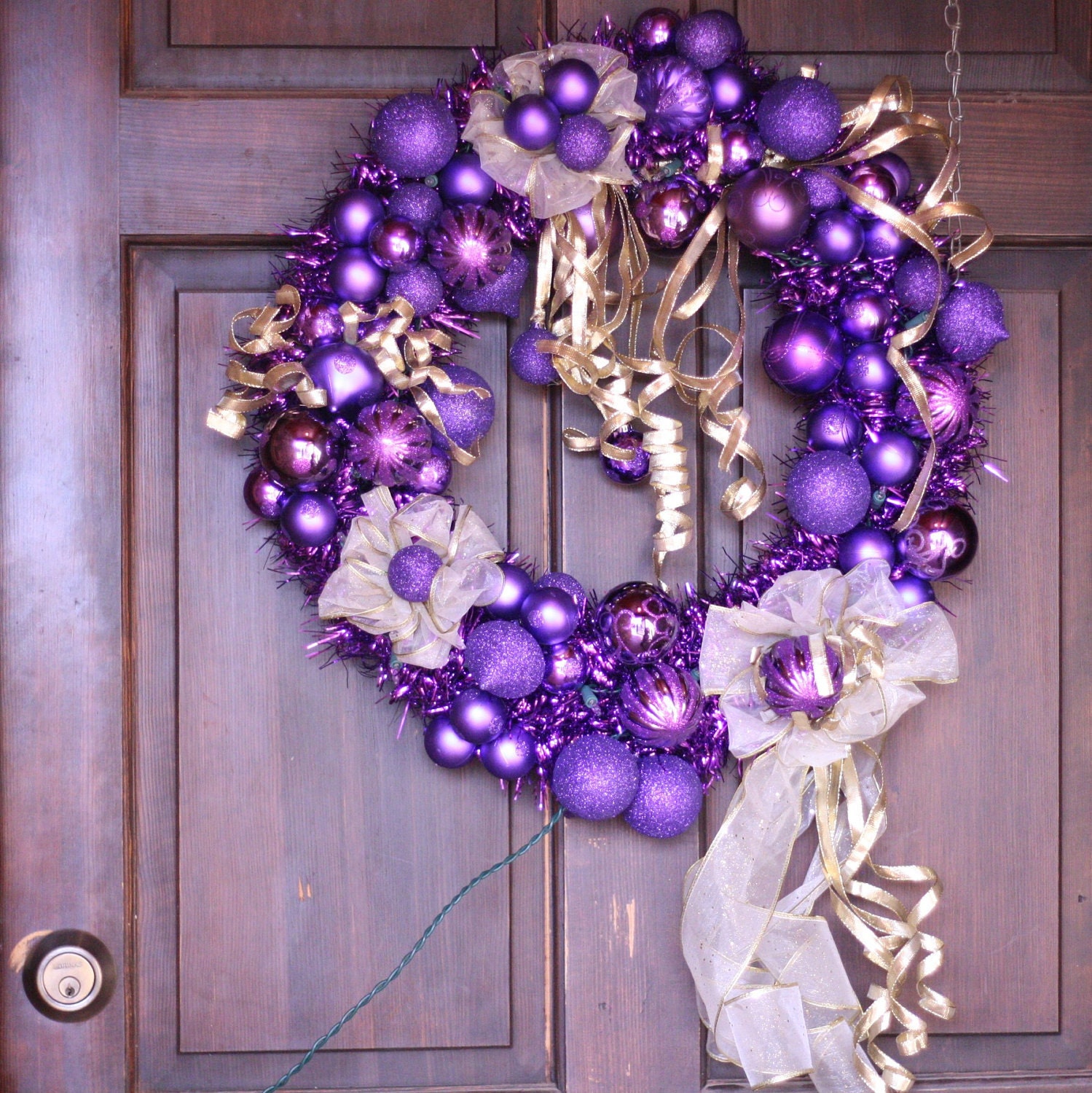 Download Purple and Gold Christmas Wreath with White Lights Holiday