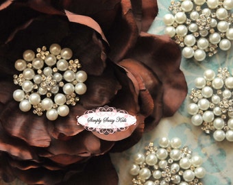 10 pc RD73 2 inch Pearl & Rhinestone embellishment brooch 4 wedding bridal accessories invitations pillow crystal bouquet flowers hair