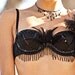 Slick Fox Black Silk Pleated Sequin Lingerie Top w Feathers & Bead Fringe