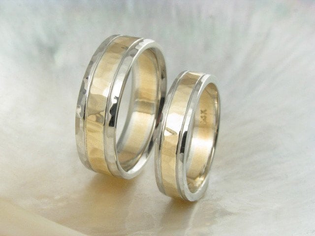 unique hammered wedding ring set 14k gold duo by RavensRefuge