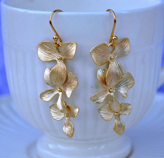 Orchid Earrings Flower Cascade 14k Gold plate dangle