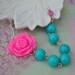 Pink and turquoise Necklace, Rose Cabochon with blue round beads very Marie Antoinette
