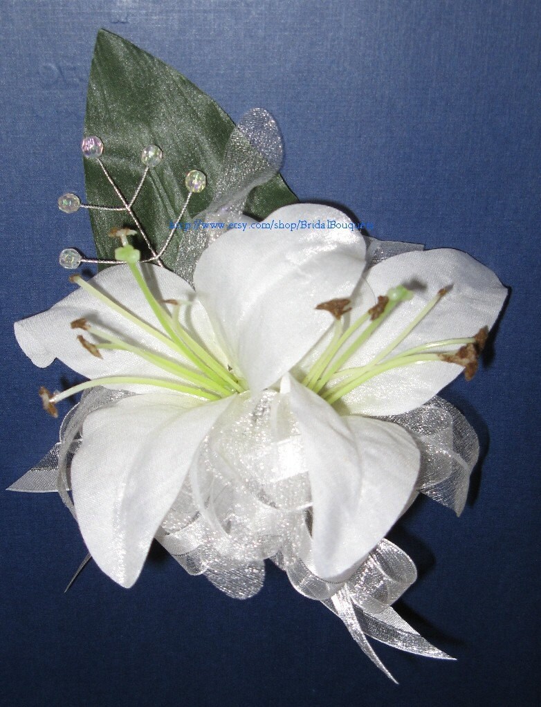 2 White Lily Wrist Corsages with silver and white ribbon