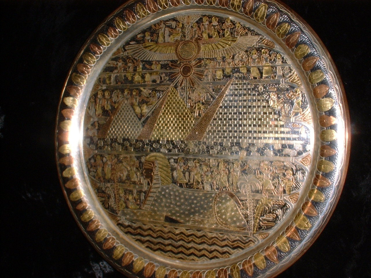 Brass and Copper Plate Tray Egyptian Hieroglyphics with Sphinx