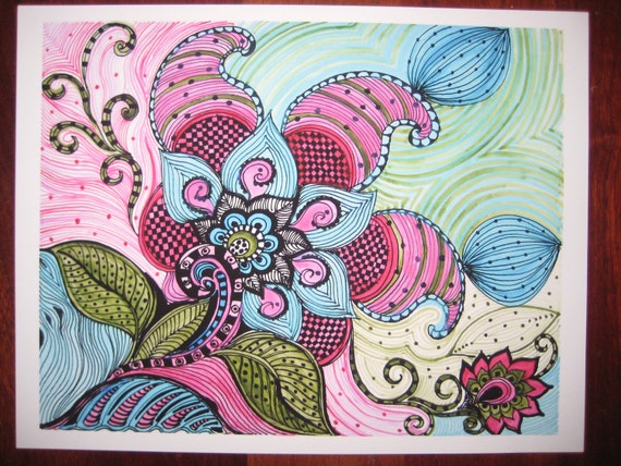 FLOWER paisley fine art PRINT-pink blue green flowers ink and