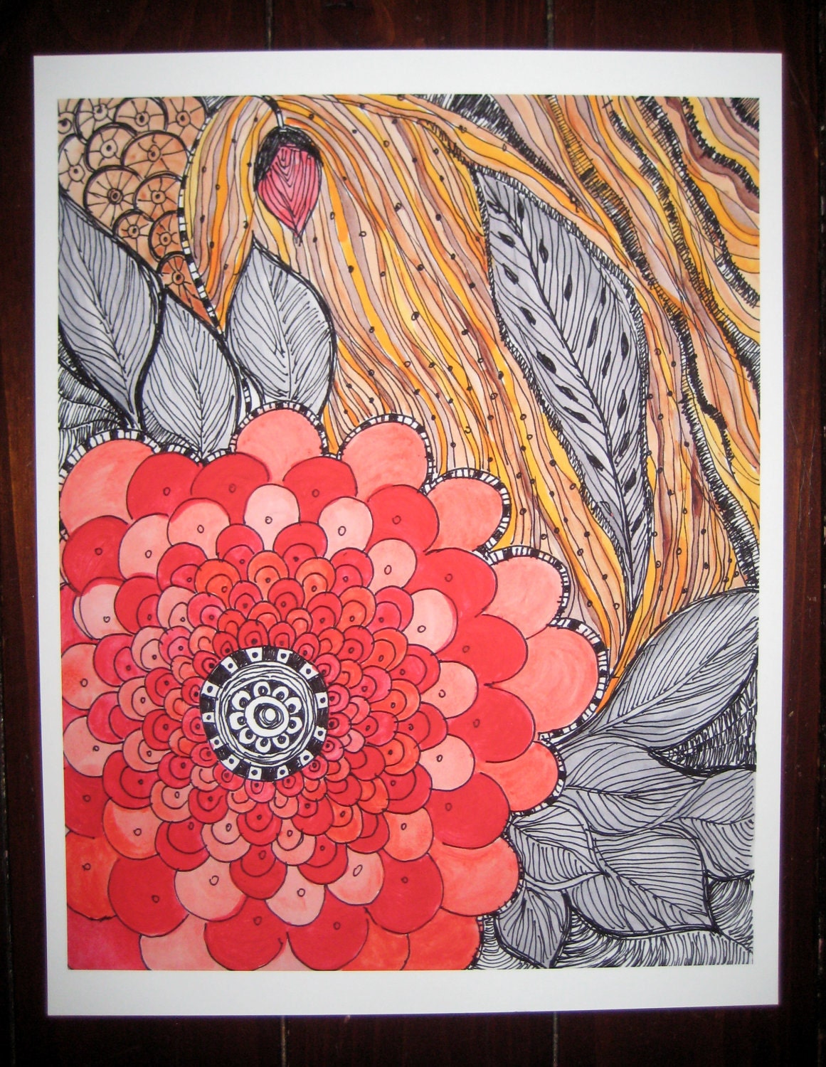 POPPY FLOWER print 8x10 black ink and acrylic fine art print