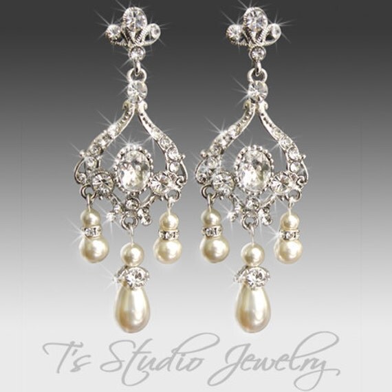 Pearl Bridal Chandelier Earrings Crystal and Rhinestone