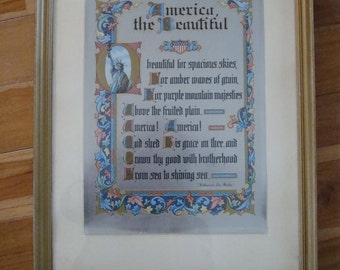Vintage Victorian Style Patriotic Lithograph Print 1950s America The Beautiful Katherine Lee Bates