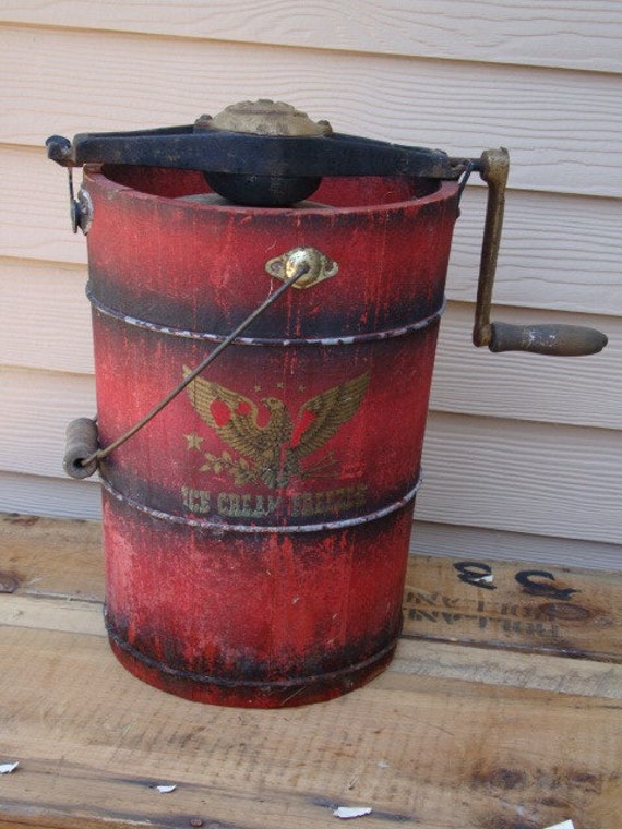 Vintage Churn Style Ice Cream Maker Wooden Orginal Red Paint