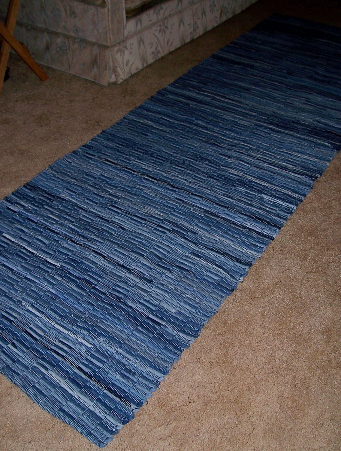 Blue denim rag rug 8 ft X 35 in handwoven by BackPorchCountry