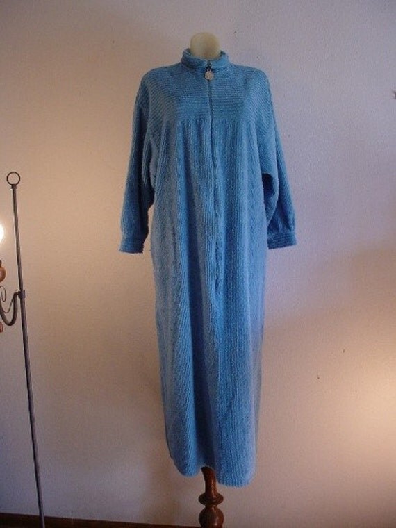 vtg Stan Herman chenille robe zip front medium blue size PM