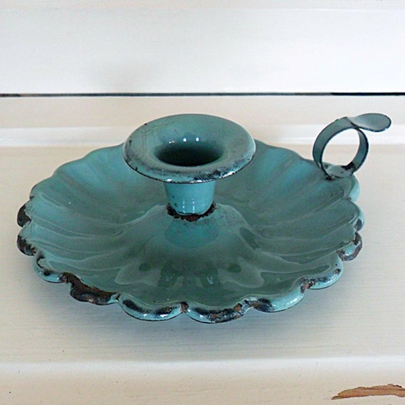Vintage French Green Enamelware Candle Holder by LindaDaceyArt
