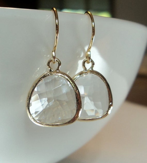 Clear crystal quartz diamond glass and gold dangle earrings.