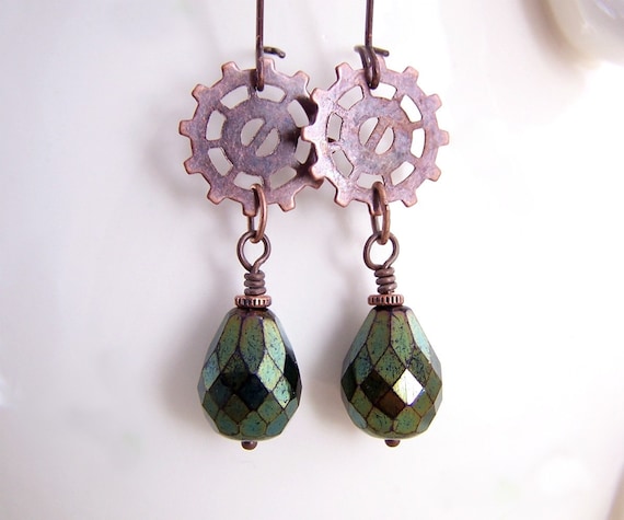 Copper and Green Steampunk Earrings with Gears - Steampunk Jewelry by ElainaLouiseStudios steampunk buy now online